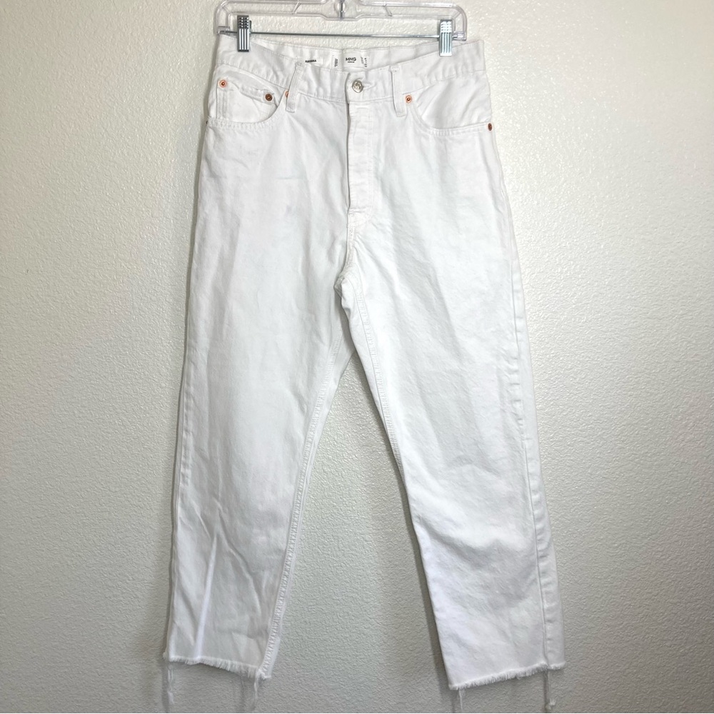 Mango Havana Straight Cropped High Waist Jeans Size 8 White Cotton Button Fly